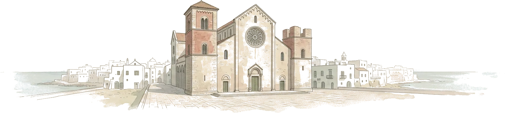 Illustrazione ad acquerello di una basilica romanica col rosone e due torri diverse fra loro, una mozzata, in mezzo alla città bianca sul mare.