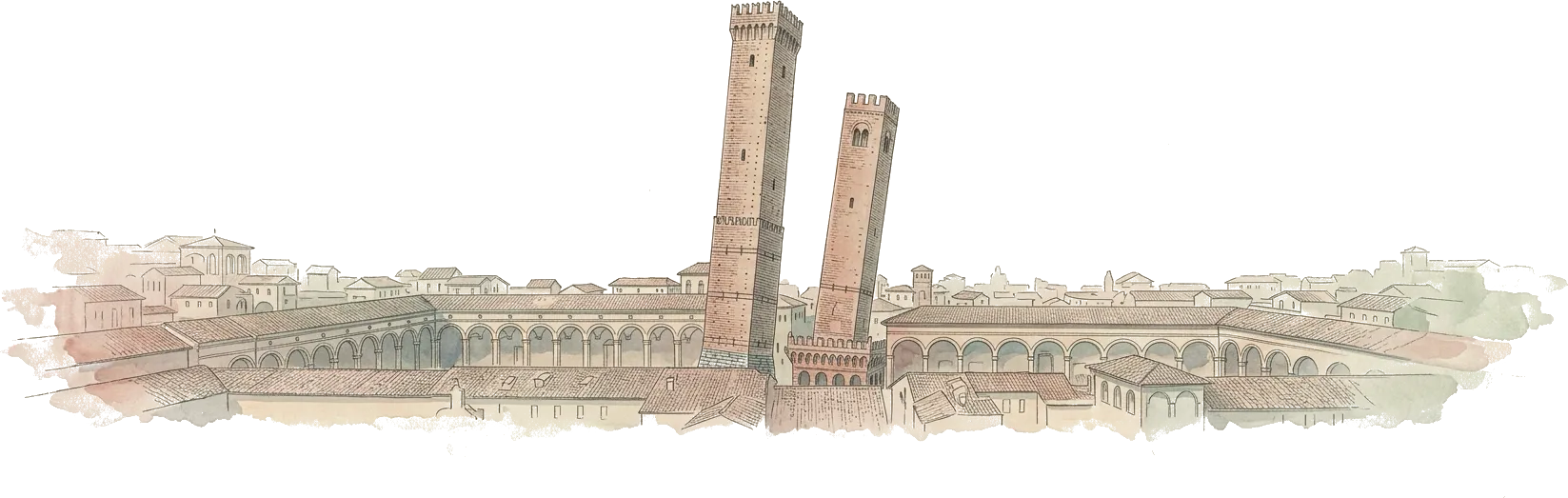 Illustrazione ad acquerello delle due torri di Bologna sopra i tetti e i portici della città.