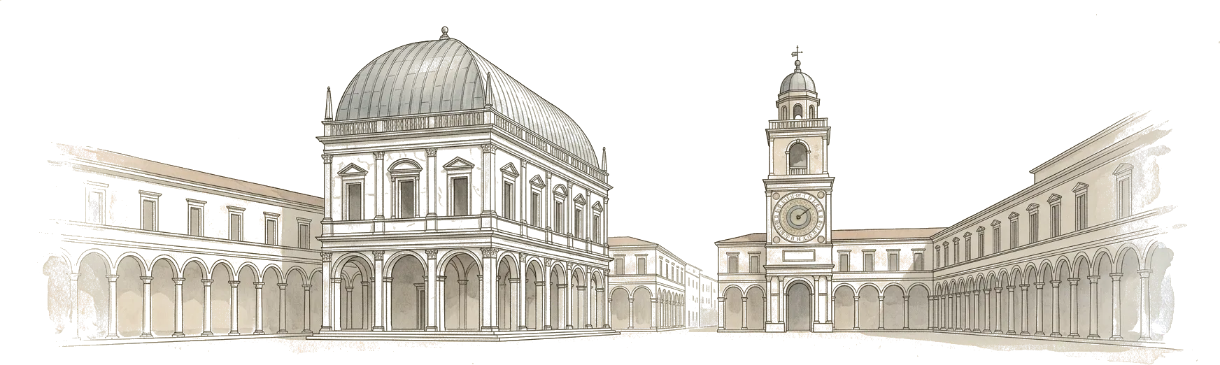 Illustrazione ad acquerello di piazza della Loggia a Brescia, col palazzo dalla cupola di piombo, la torre dell’orologio e i portici ai lati.