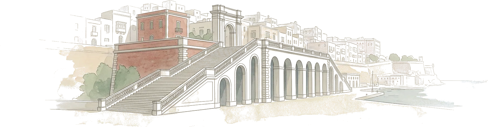 Illustrazione ad acquerello del bastione di Saint Remy, con la doppia scalinata e le arcate sotto, la città bianca sopra e il mare di lato.