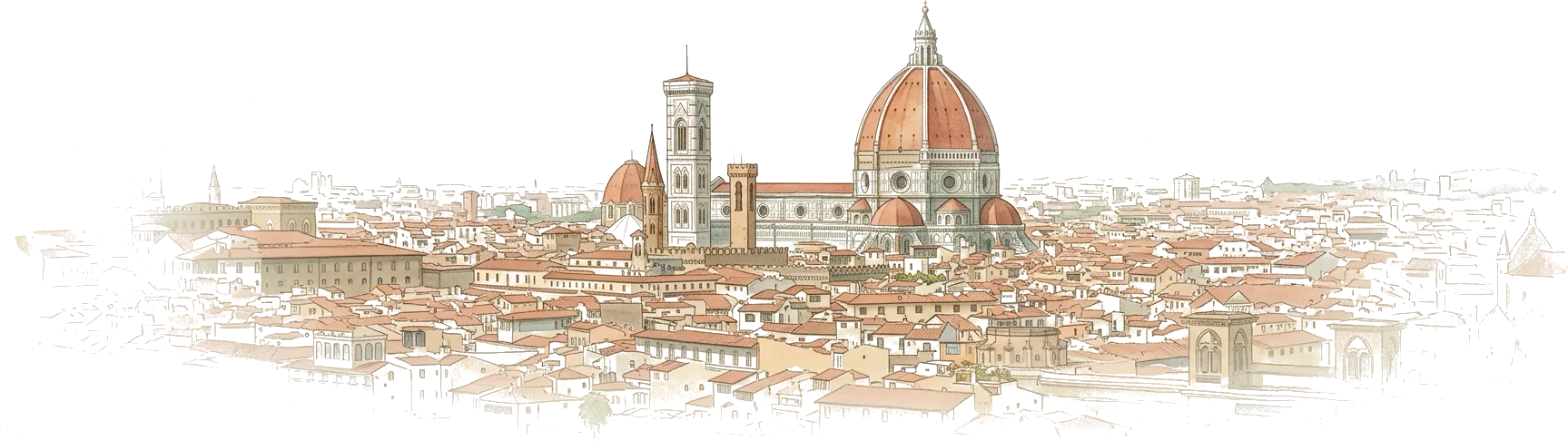 Illustrazione ad acquerello dei tetti di Firenze, sopra i quali si alzano la cupola del duomo e il campanile.