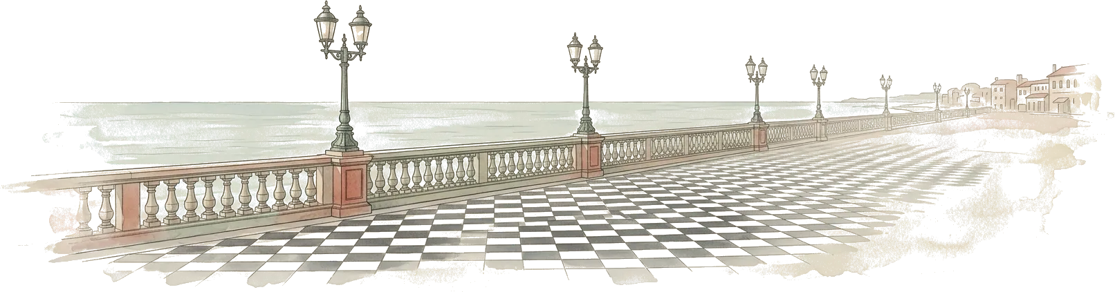 Illustrazione ad acquerello della Terrazza Mascagni a Livorno: il pavimento a scacchiera, la balaustra e i lampioni sul mare.