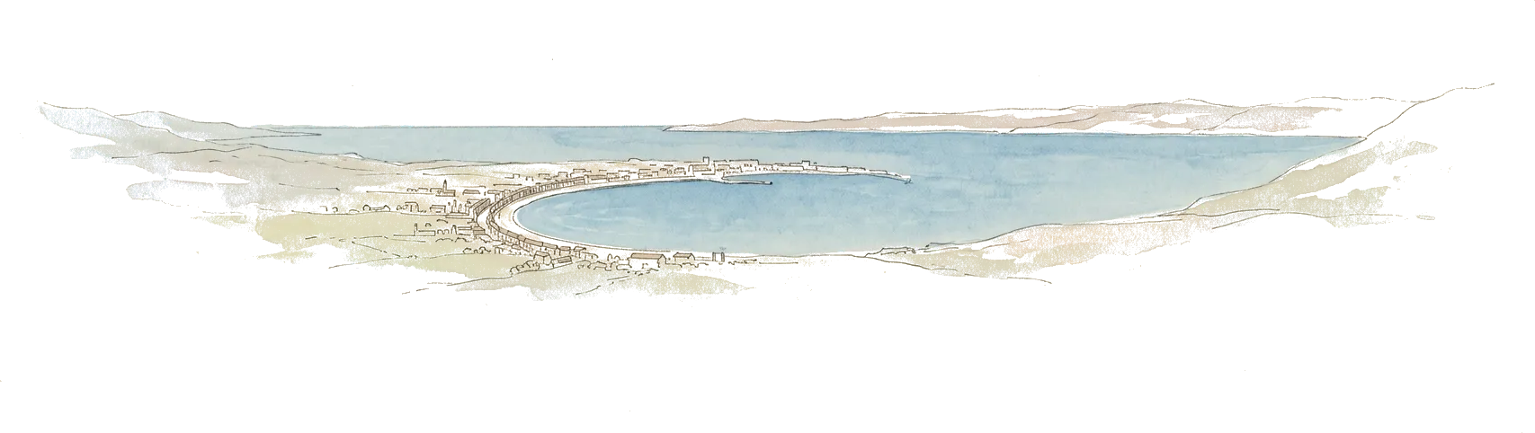 Illustrazione ad acquerello del porto di Messina a forma di falce, con lo Stretto e la costa calabrese all’orizzonte.