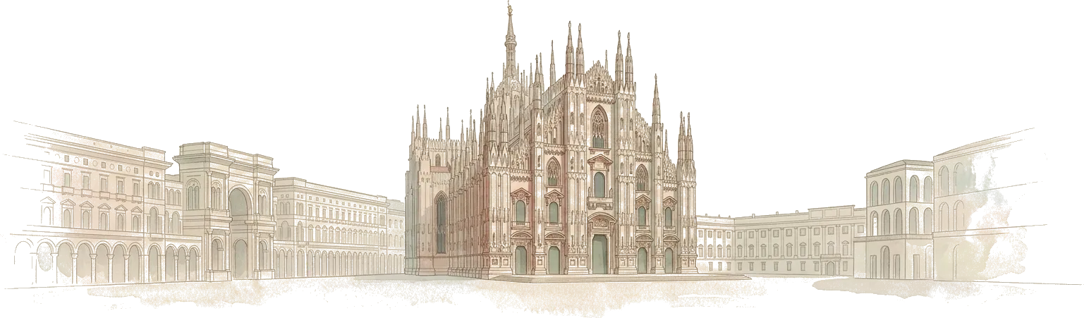 Illustrazione ad acquerello della facciata del Duomo di Milano, con la piazza e i portici della Galleria di lato.