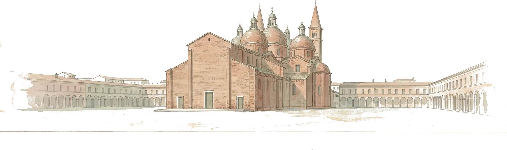 Illustrazione ad acquerello della basilica di Sant’Antonio a Padova, in mattoni, con le cupole e i campanili a cuspide, sulla piazza porticata.
