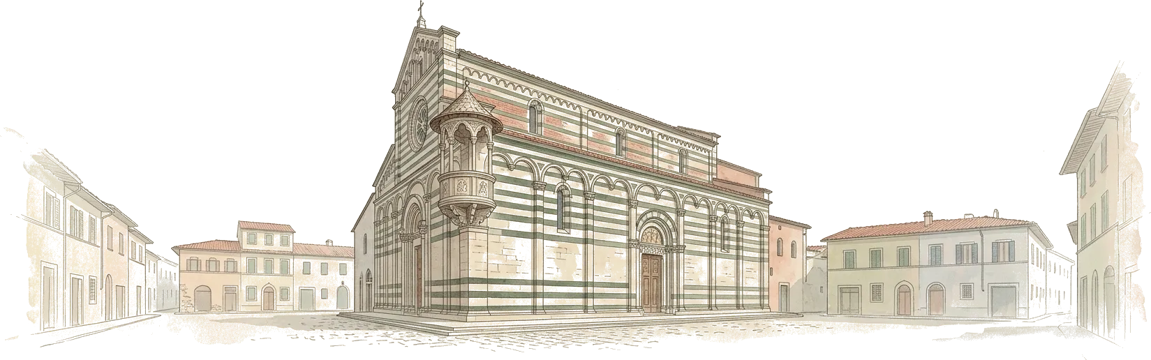 Illustrazione ad acquerello del duomo di Prato a fasce bianche e verdi, col pulpito rotondo sporgente dall’angolo.