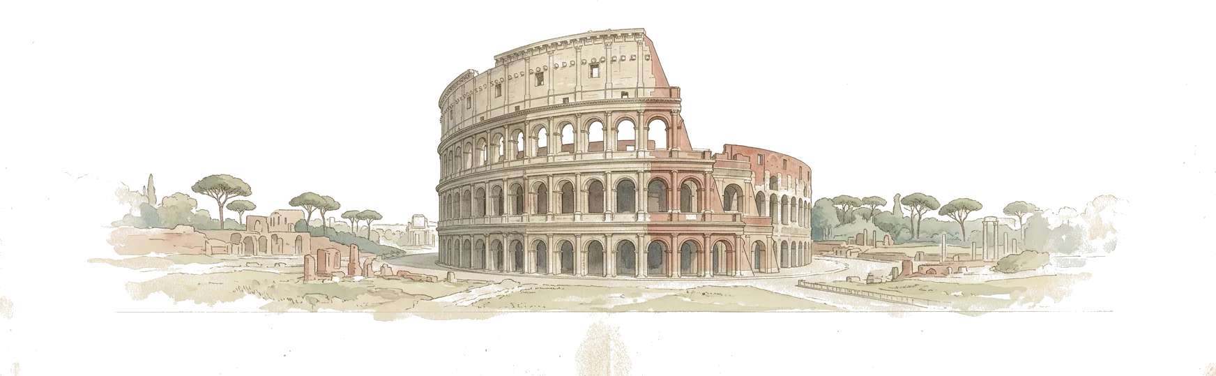 Illustrazione ad acquerello del Colosseo fra i pini e le rovine, in una veduta panoramica.