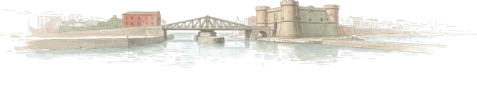 Illustrazione ad acquerello del ponte girevole di Taranto sul canale, col castello aragonese e le sue torri rotonde accanto.
