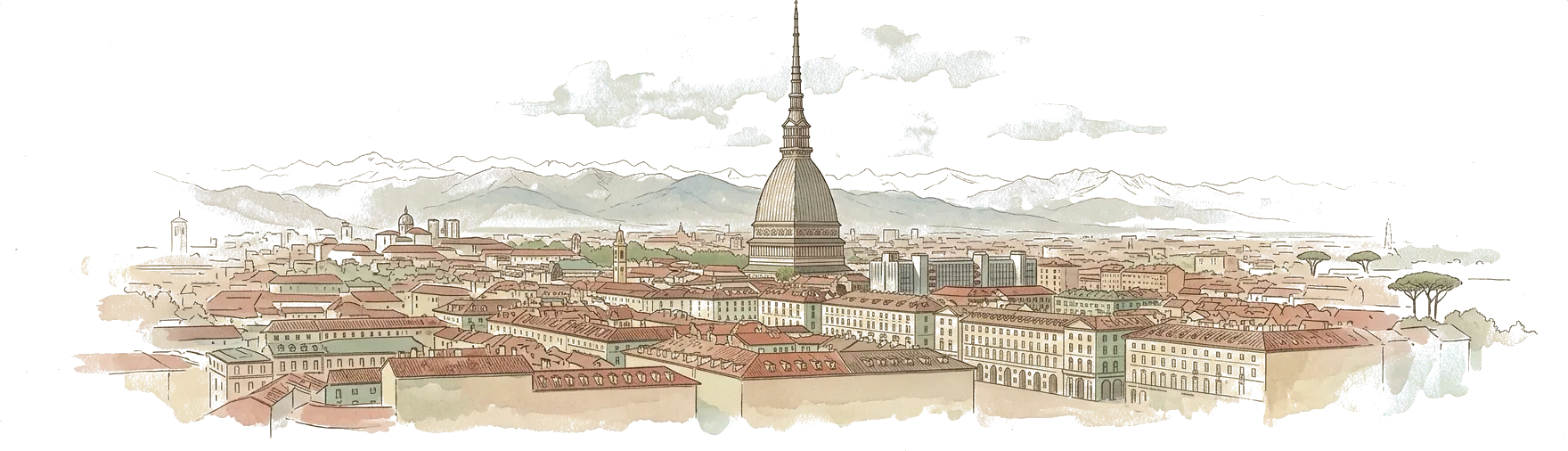 Illustrazione ad acquerello di Torino vista dall’alto, con la Mole Antonelliana in mezzo ai tetti e le Alpi dietro.
