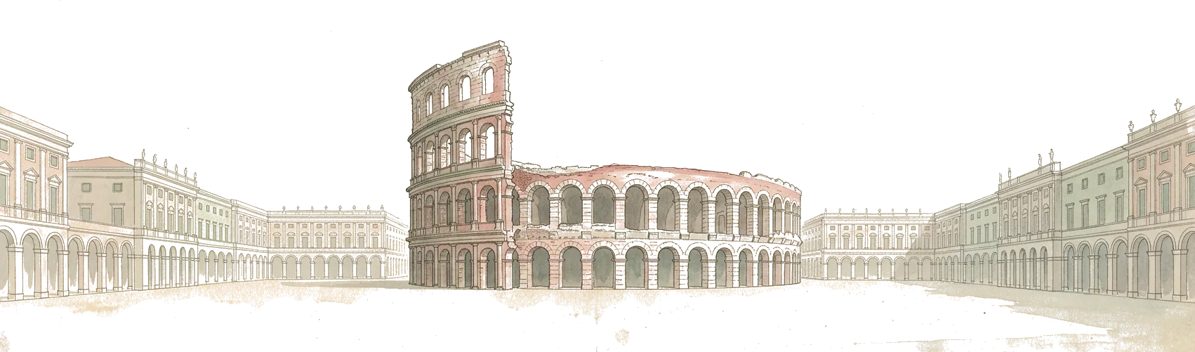 Illustrazione ad acquerello dell’Arena di Verona, di cui resta in piedi solo un tratto alto del muro esterno, in mezzo alla piazza porticata.
